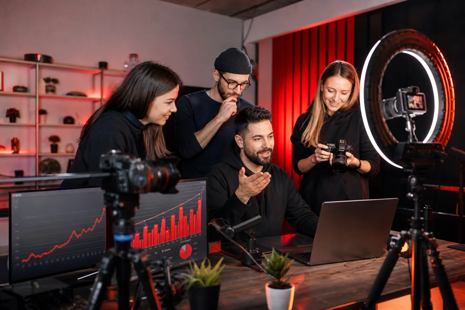 Group of creators and friends connected through social media